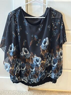 BloomChic Black Floral Chiffon Blouse with Blue & Brown Accents